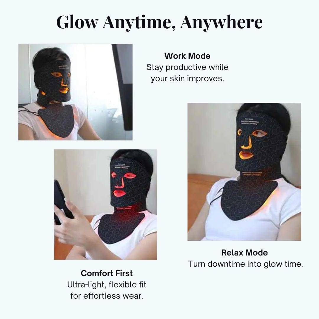 NovaLume RegenMask Pro beauty device with glowing light therapy for skin rejuvenation, shown in a sleek, portable design.